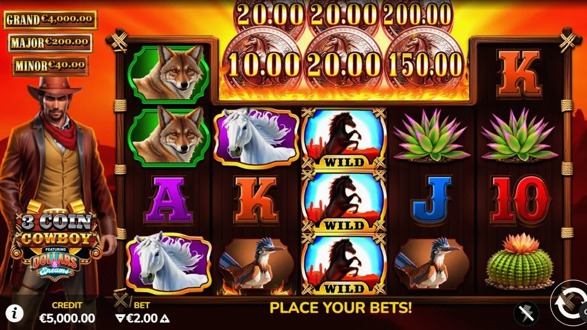 Interface do slot 3 Coin Cowboy Dollars & Dreams com tema de Velho Oeste