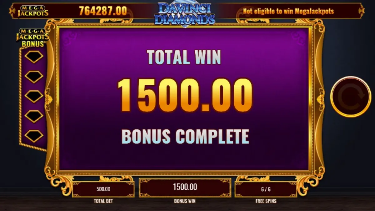 Tela de jogo do slot Mega Jackpot DaVinci Diamonds com arte renascentista e diamantes